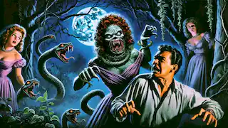 La mujer se transforma en la aterradora Cegua, con un rostro grotesco y cabello retorcido en el oscuro bosque.