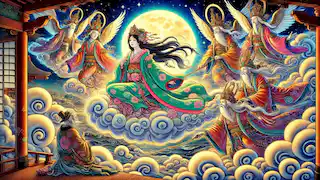 Los seres celestiales descienden para llevar de regreso a Kaguya-hime al Reino de la Luna.