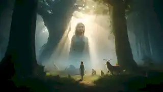 Marisol se encuentra en paz en el bosque al amanecer, mientras los animales se reúnen a su alrededor y Yacy Yateré observa desde las sombras.