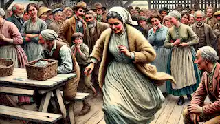 La señora Hutchinson se apresura a llegar a la multitud, atrasada para la lotería, mientras los demás aldeanos la miran al llegar.