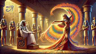 Hathor bailando ante Ra, quien observa desde un trono dorado, con antiguas columnas egipcias de fondo.