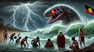 El Muldjewangk emergiendo durante una tormenta, con los aterrados aldeanos Ngarrindjeri refugiándose del viento y la lluvia.