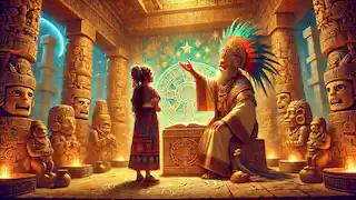 Ix Chel escucha a Itzamná en un antiguo templo maya.