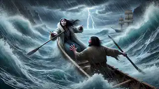 Sedna se aferra a un kayak en una tormenta furiosa mientras su padre golpea sus dedos con un remo.