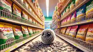 Una semilla de girasol desaliñada en un brillante pasillo de supermercado, rodeada de paquetes de semillas organizados.
