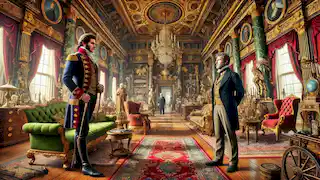 John T. Unger rencontre Braddock Washington dans une pièce grandiose et luxueuse, ornée de matériaux rares et de décorations ornées.