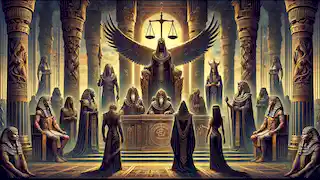 Un tribunal de dioses juzga la rivalidad entre Set y Horus, con Ma'at presidiendo sobre las balanzas de la justicia.