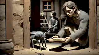 Grete lleva comida a la habitación de Gregor, luciendo conflictuada mientras la deja a su lado en su forma de insecto.
