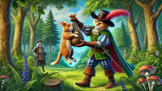 El Gato con Botas presentando un conejo ante la corte del rey en un frondoso bosque.