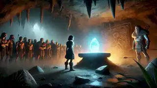 Lila se encuentra frente al brillante cristal, el Nalla, dentro de la cueva sagrada, rodeada de Pukwudgies.