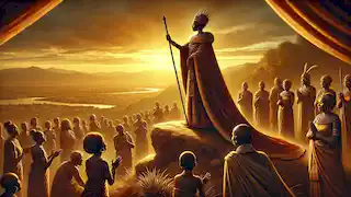 La reina Nzinga, en su vejez, se encuentra de pie en un alto mirador, observando a su pueblo reunido abajo.