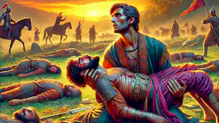 Rostam sosteniendo el cuerpo sin vida de Sohrab en un campo de batalla silencioso mientras el sol se pone en el horizonte.