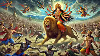 Durga se lanza a la batalla contra el ejército de Mahishasura, blandiendo sus armas divinas con precisión.