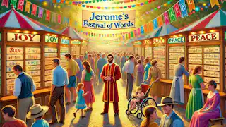 El Festival de Palabras de Jerome, donde las personas eligen palabras en coloridos stands en un ambiente comunitario animado.