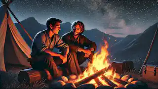 Ennis y Jack sentados junto a una fogata bajo un cielo estrellado, compartiendo un momento de tranquilidad.