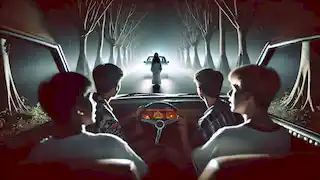 Un grupo de adolescentes entra en pánico mientras conducen por una carretera cubierta de niebla, esquivando para evitar a la espectral Dama Blanca que aparece en el camino.