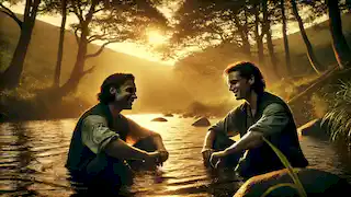 Sam y Ben se sientan junto a un tranquilo río, sus expresiones relajadas mientras el sol se pone, señalando la recuperación de su amistad.