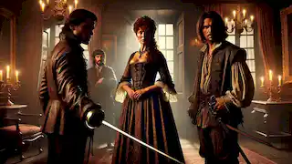 D'Artagnan y Athos se enfrentan a Milady de Winter en una habitación tenuemente iluminada, con las espadas desenvainadas.