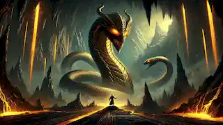 Er Tostik se presenta desafiante ante Ajdahar, el rey serpiente, en una caverna iluminada por un oro fundido, en lo profundo de una montaña.