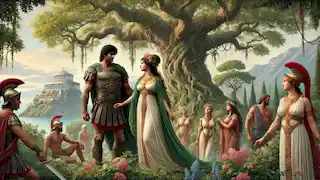 Jason et la reine Hypsipyle se tiennent sur la luxuriante île de Lemnos, entourés d'Argonautes et de femmes en interaction pacifique.