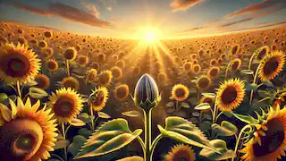 La mala semilla se encuentra en un campo de girasoles al atardecer, mirando hacia arriba, hacia los altos girasoles que se estiran hacia el cielo.