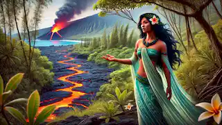 Hi’iaka, ataviada con fluidos atuendos azules y verdes, se encuentra cerca del eruptivo volcán Kīlauea, señalando la lava que fluye.