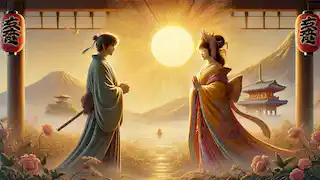 Amaterasu y Susanoo se enfrentan en Takamagahara, sus expresiones reflejando perdón y entendimiento.