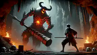 Haruto combate contra el enorme lord Oni en una cueva oscura, demostrando su fuerza y determinación.