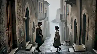El narrador y Nina caminan por las estrechas y brumosas calles de Fialta, inmersos en una profunda conversación.