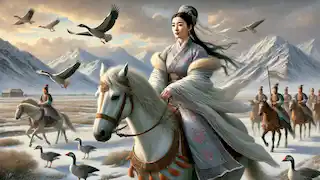 Wang Zhaojun a cavalo durante sua jornada rumo às terras dos Xiongnu, com gansos paralisados em admiração por sua beleza.
