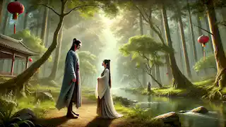 Hou Yi e Chang’e se encontram em uma floresta serena, olhando um para o outro com empatia.