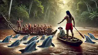 Antônio se enfrenta a los cazadores furtivos en el río Amazonas, rodeado de delfines rosados que nadan alrededor de su embarcación, con la selva tropical al fondo.