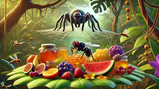 La mosca disfruta de un gran festín mientras Anansi, la araña, teje su tela en el fondo.