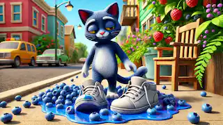 Los zapatos de Pete se vuelven azules después de que pisa un montón de arándanos, y él sigue sonriendo.