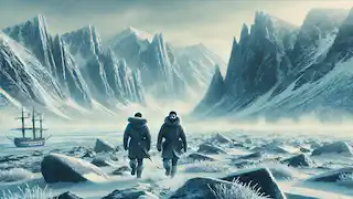 Edgar y Alaric avanzan a través de una tundra helada en su búsqueda de ingredientes raros, abrigados con ropa cálida.