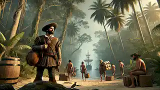 Juan Ponce de León y su tripulación desembarcan de su barco en la costa de Florida, rodeados de densa vegetación tropical.
