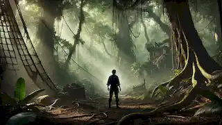 Jim Hawkins navega con cautela a través de la densa jungla en la Isla del Tesoro, rodeado de árboles imponentes y espesa vegetación.