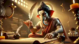 Ganesha utiliza su colmillo roto como pluma para escribir el Mahabharata, con una expresión serena y concentrada.
