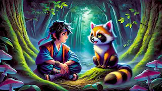 Hiroshi escucha mientras el bake-danuki comparte historias en un claro del bosque bañado por la luz de la luna.