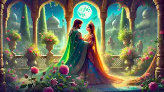 Scheherazade y el Rey Shahryar abrazándose en el jardín del palacio.