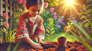 Un niño planta un pequeño árbol en un jardín iluminado por el sol, simbolizando el crecimiento y los sueños.