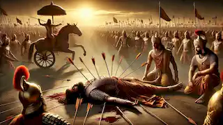 Bhishma yace sobre una cama de flechas en el campo de batalla, mientras Arjuna y Krishna se encuentran cerca, mostrando reverencia.