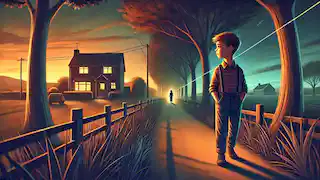 Un niño pequeño camina a casa al atardecer, sintiendo el Hilo Invisible que lo guía hacia su madre.