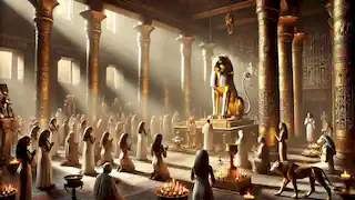 Dentro del templo de Bastet en Bubastis, ofrendas de oro e incienso rodean una estatua de leona mientras la luz del sol desciende en rayos sobre ella.