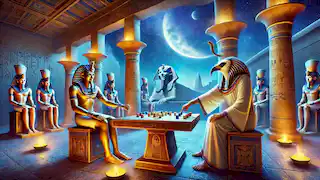 Thoth y Jonsu juegan al senet bajo un cielo estrellado en un patio iluminado por la luna, cerca de las pirámides.