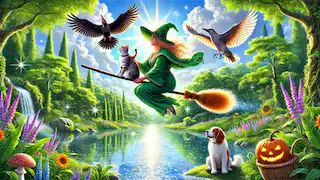 La bruja, el gato, el perro y el pájaro vuelan sobre un estanque brillante en una escoba.