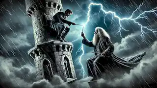 Una confrontación dramática entre dos magos en la cima de una torre, con relámpagos iluminando el cielo nocturno.