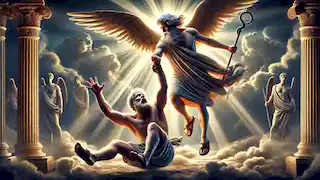 Hermes desciende del Olimpo, sorprendiendo a Sísifo mientras una energía divina los envuelve en una escena dramática.