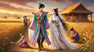 Zhinu y Niulang, recién casados, trabajan en su granja, rodeados de sus hijos y de un cálido atardecer.