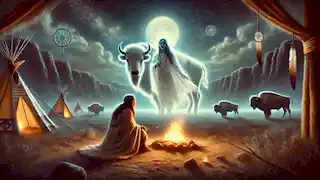 A Mulher Búfalo Branco aparece em um sonho para um ancião Lakota sob um céu iluminado pela lua, com símbolos sagrados flutuando no ar.